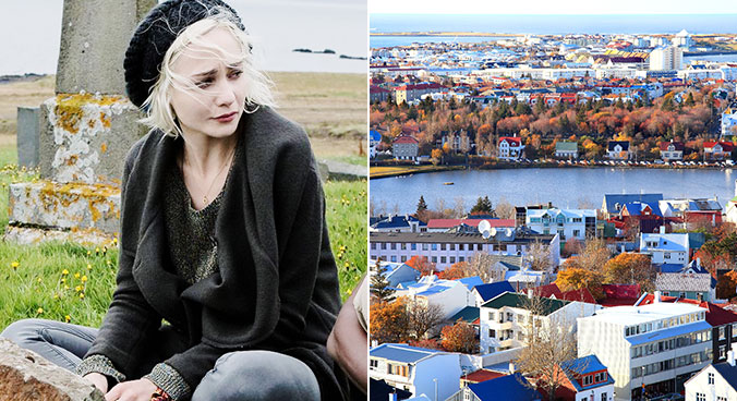 Riley e vista aérea de Reykjavik do alto da igreja Hallgrímskirkja. Fotos: Divulgação e Christine Zenino/Creative Commons