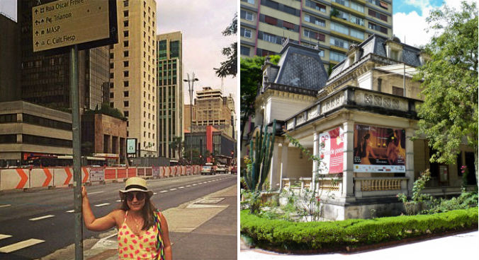 Amanda na avenida Paulista, durante reforma da ciclovia, e ao lado a Casa das Rosas, onde ela frequentava. (fotos: arquivo pessoal + Felipe Lange Borges)