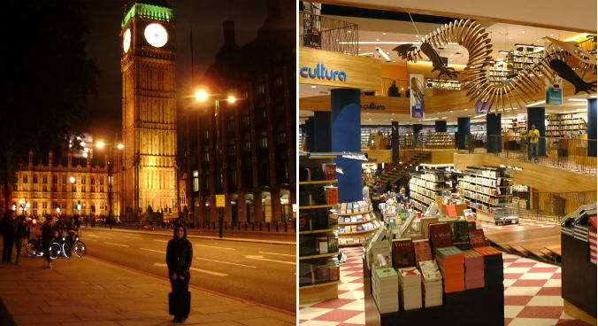 Juliana em frente ao Big Ben, em Londres e, ao lado, a Livraria Cultura, uma de suas paradas obrigatórias na Paulista (fotos: arquivo pessoal e Divulgação)