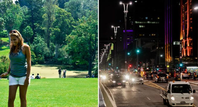 Natália em um parque em Melbourne e, ao lado, a movimentada Avenida Paulista. (fotos: arquivo pessoal + Artur Luiz)