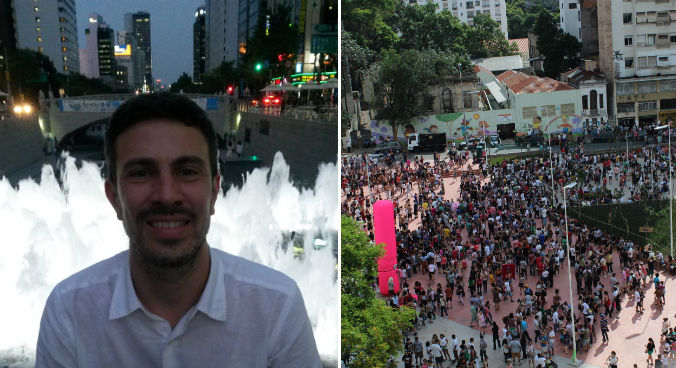 Ricardo em Seul (Arquivo pessoal) e a Praça Roosevelt durante uma festa aberta (Foto: Raphael Tsavkko Garcia)